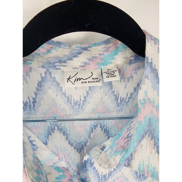 KIM ROGERS 100% Linen Blue Chevron Button Down Shirt Womens Petite Large Beach - Picture 3 of 5